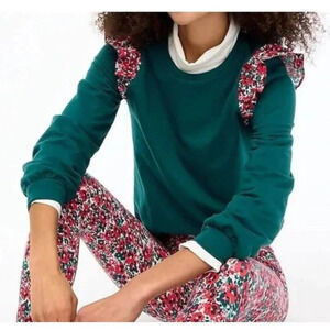 J Crew Women’s Floral Ruffle Sleeve Green Sweatshirt Size XS M0475